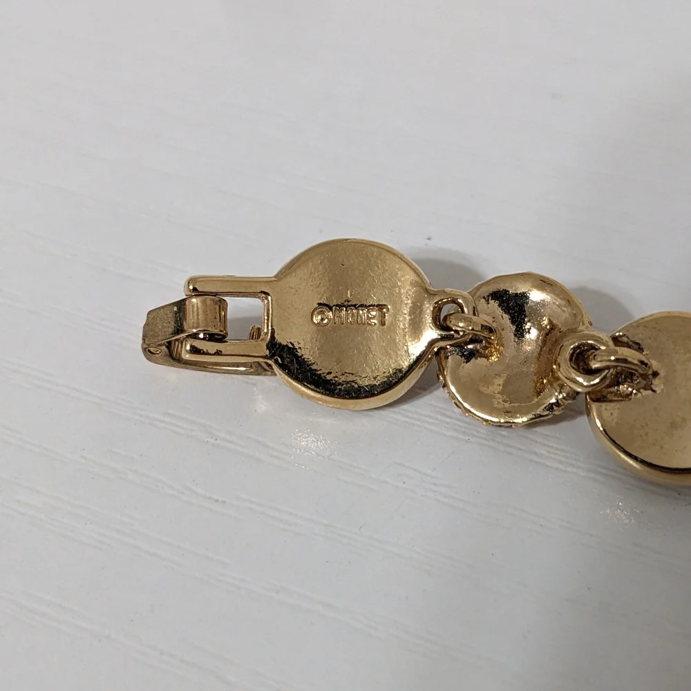 Vintage Monet Gold-tone Cabachon Rhinestone Bracelet & Pierced Earrings Set - Picture 6 of 6